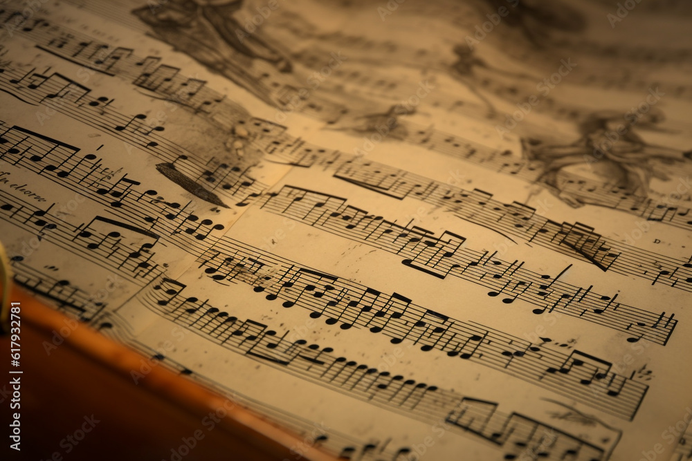 music notes on old paper sheet background, Created using generative AI