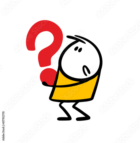 Confused boy holds a question mark and wonders. Vector illustration for thinking people.