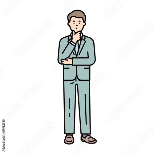 顎に手を当てて疑問に思うスーツを着た男性のビジネスパーソンのイラスト素材