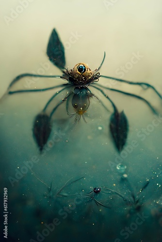 a spotted fishing spider with an eyeball for a thorax fantasy insect matte glass texture floating on the surface of water 