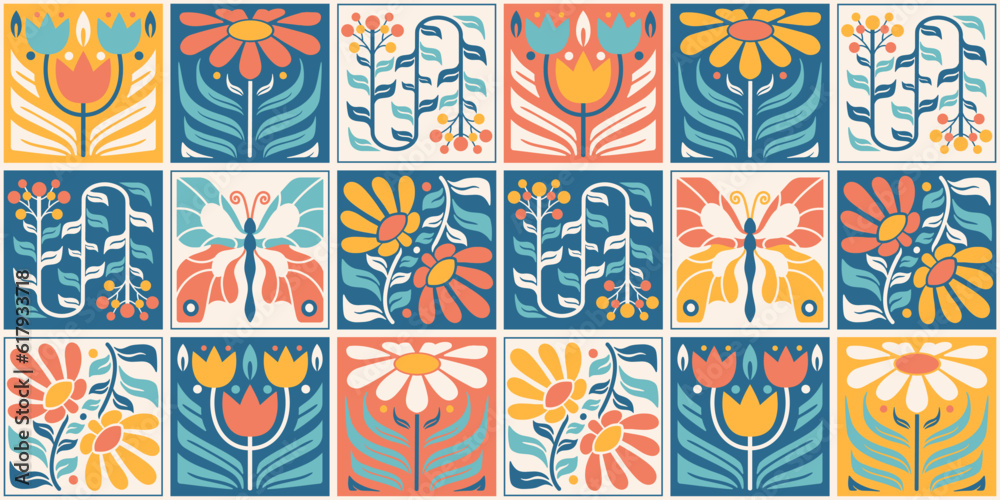 Nordic seamless wallpaper. Scandinavian folk floral mosaic background. Flower tile kitchen or home decor, patchwork, fabric. Vintage ornamental stylized graphic.