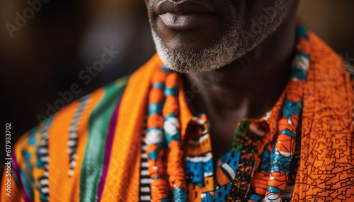 African man exudes confidence in traditional clothing, smiling at camera generated by AI