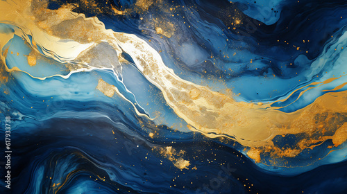 Fundo de luxo, mistura cativante de ouro e azul profundo, criando um design abstrato. Arte líquida. Fusão de cores ricas e texturas brilhantes. Sofisticação e elegância moderna