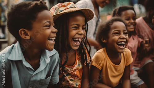 African American and Caucasian children smiling, enjoying summer vacation outdoors together generated by AI