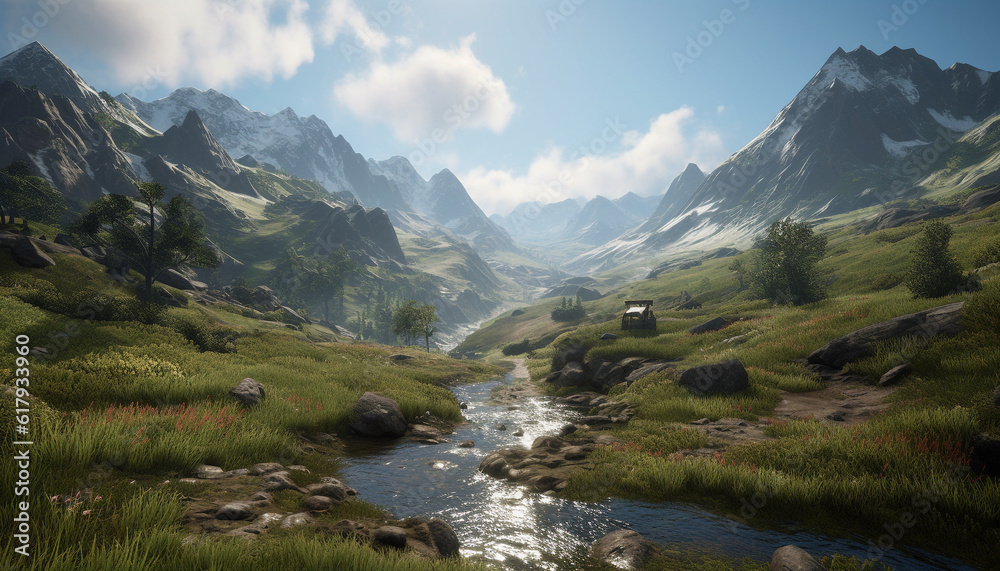 Majestic mountain range, tranquil meadow, flowing water, beauty in nature generated by AI