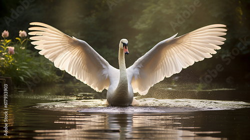 Fototapeta Naklejka Na Ścianę i Meble -  Cisne muda abre asas em lagoa tranquila