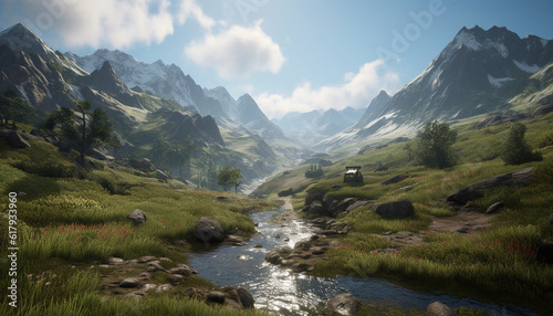 Majestic mountain range, tranquil meadow, flowing water, beauty in nature generated by AI