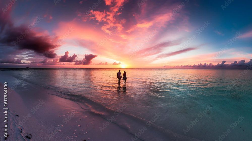 A romantic sunset landscape on the beautiful ocean.Back view of a couple.Colorful sky.Created with generative ai