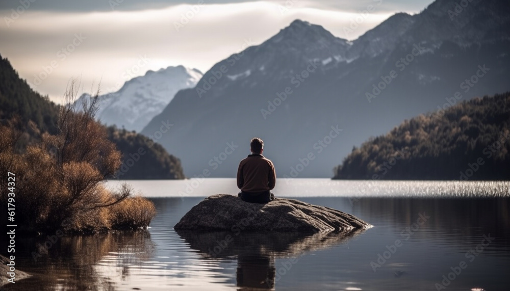 Serene man meditates in tranquil mountain landscape, finding solitude and wellbeing generated by AI