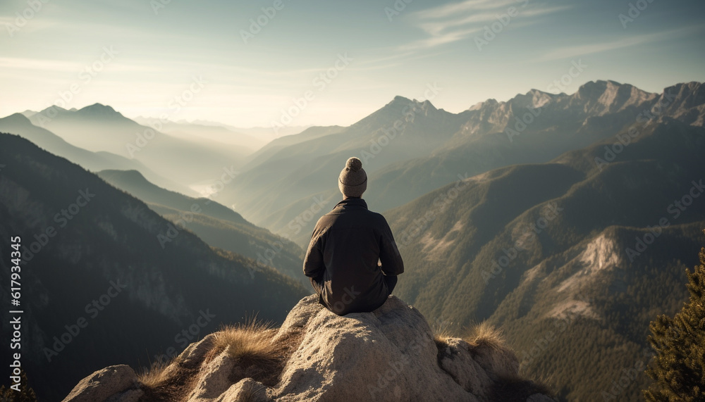 One person standing on mountain peak, enjoying tranquil scene generated by AI