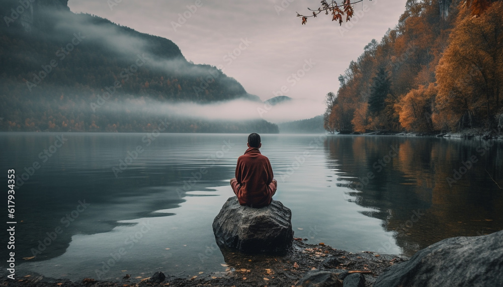 One person meditating in tranquil autumn mountain landscape, serene solitude generated by AI
