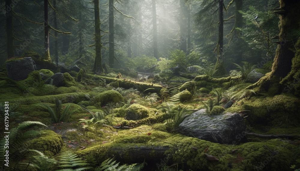 Tranquil scene of wet forest with green fern and coniferous tree generated by AI