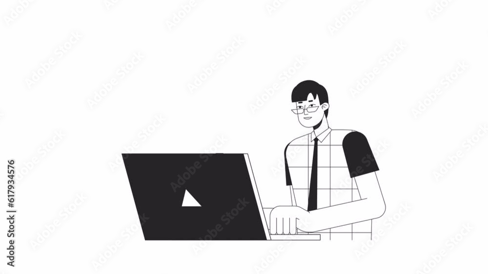 Office worker laptop bw animation. Animated character man looking computer screen. Monochrome 2D flat outline cartoon 4K video, white background, alpha channel transparency for web design Office worker laptop bw animation. Animated character man looking computer screen. Monochrome 2D flat outline cartoon 4K video, white background, alpha channel transparency for web design