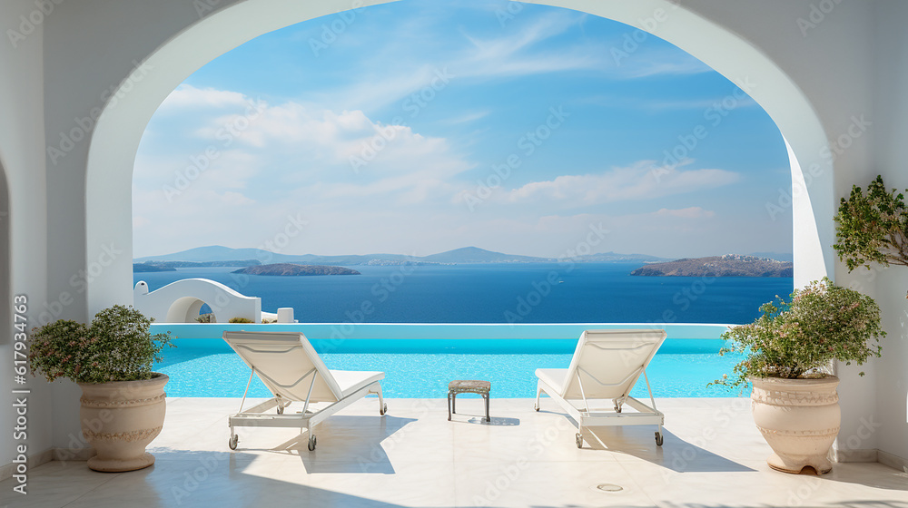 Duas espreguiçadeiras no terraço com piscina com vista deslumbrante para o mar. Arquitetura branca mediterrânea tradicional com arco. Conceito de férias de verão.