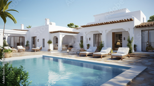 Casa branca mediterrânea tradicional com piscina