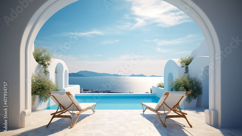 Duas espreguiçadeiras no terraço com piscina com vista deslumbrante para o mar. Arquitetura branca mediterrânea tradicional com arco. Conceito de férias de verão. © Alexandre
