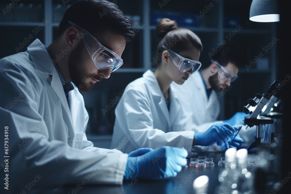 Team of scientists working in a laboratory, carefully conducting experiments and analyzing data. Generative AI Team of scientists working in a laboratory, carefully conducting experiments and analyzing data. Generative AI