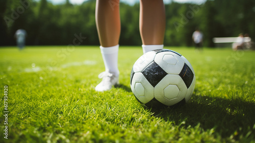 Pés de mulher e uma bola de futebol na grama, closeup. futebol feminino