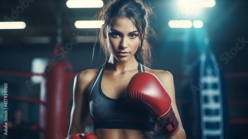 jovem mulher boxeadora kickboxing saco de boxe duro lutador feminino prática de boxe na hora de ouro da aula de ginástica © Alexandre