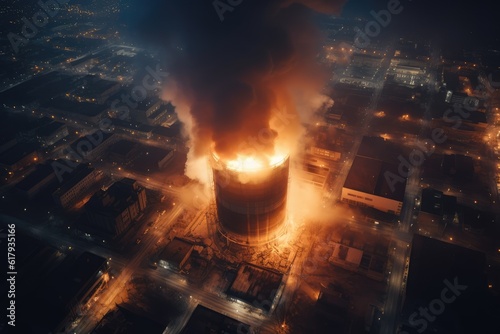 Aerial view of Big explosion and fire on power plant. Generative AI