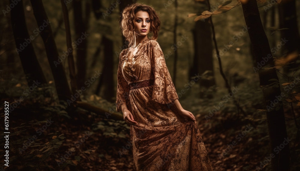 Young adult fashion model standing in autumn forest, exuding elegance generated by AI