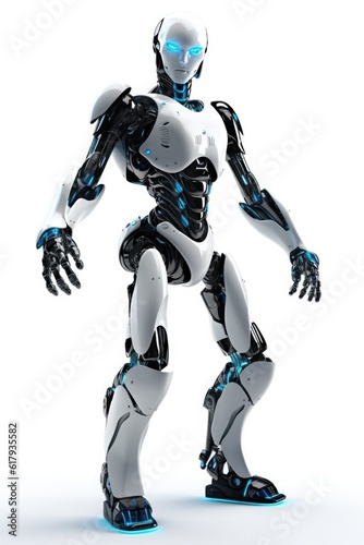 Humanoid robot stands against a stark white background Generative AI © YouraPechkin