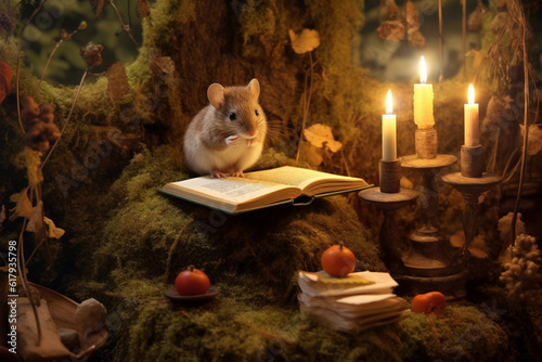 Clever mouse  in a burrow among moss and leaves reads a book by candlelight. AI generated