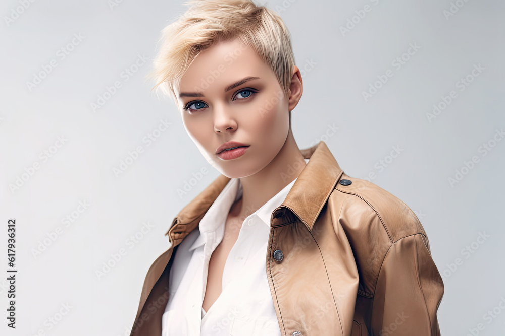 Young Woman with Short Hair Posing in Jacket Young Woman with Short Hair Posing in Jacket