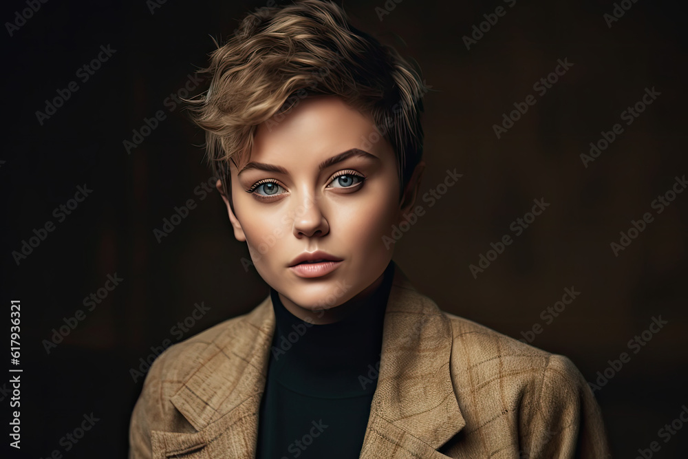 Young Woman with Short Hair Posing in Jacket