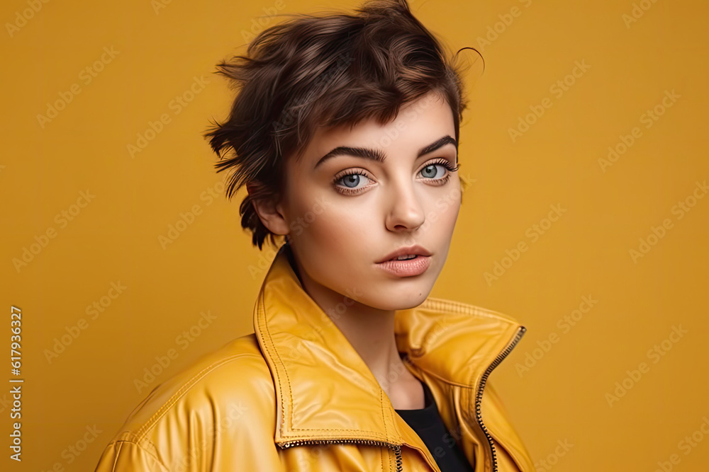 Young Woman with Short Hair Posing in Jacket Young Woman with Short Hair Posing in Jacket