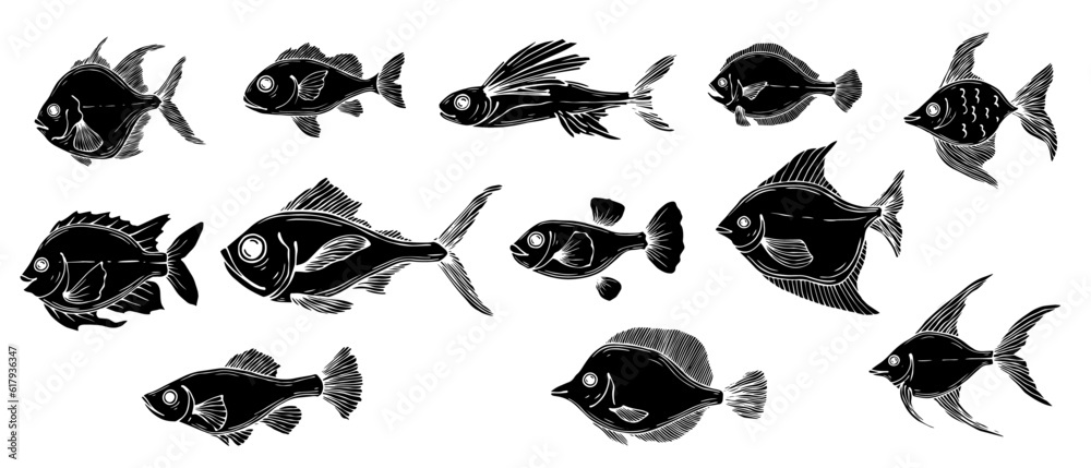 Set of silhouettes,doodles of various fishes. Vector graphics. Set of silhouettes,doodles of various fishes. Vector graphics.