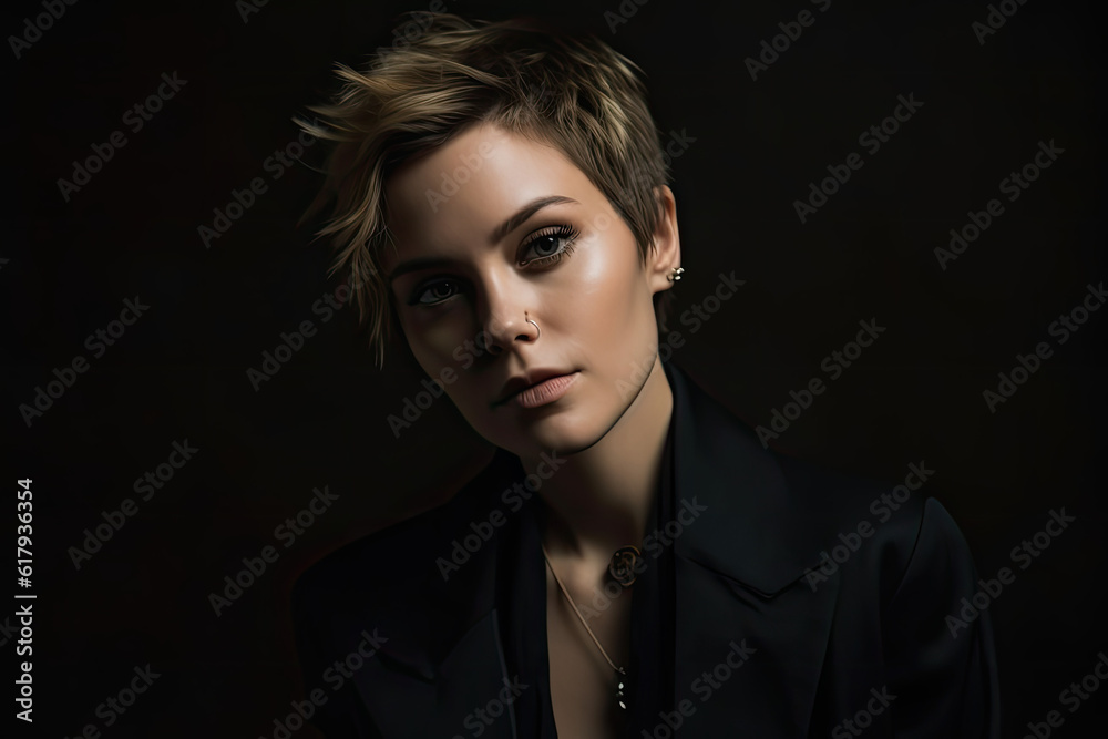Young Woman with Short Hair Posing in Jacket with Si Young Woman with Short Hair Posing in Jacket with Si