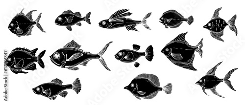Set of silhouettes,doodles of various fishes. Vector graphics.