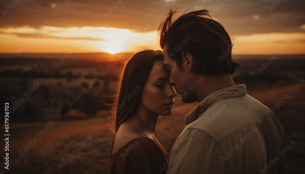 Young couple embracing in sunset, enjoying romantic vacation together generated by AI