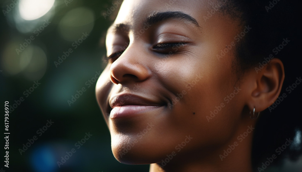 Beautiful young African woman smiling with confidence outdoors in summer generated by AI Beautiful young African woman smiling with confidence outdoors in summer generated by AI