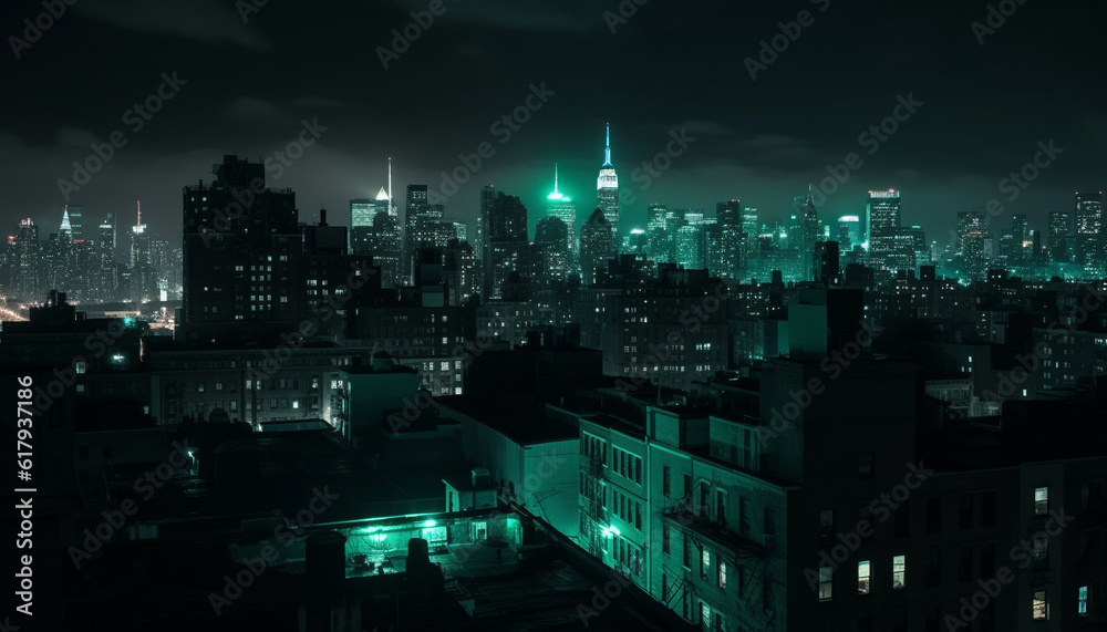 Illuminated city skyline at dusk, a modern financial district panorama generated by AI