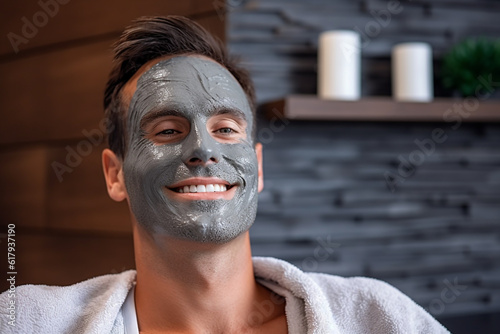 Portrait of a handsome man with a clay facial mask in spa. High quality photo