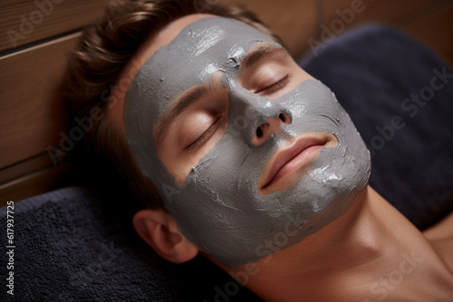 Portrait of a handsome man with a clay facial mask in spa. High quality photo