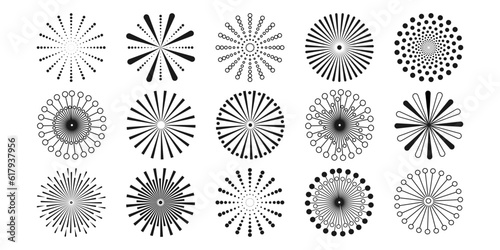 Set of black circles from lines and dots. Geometric abstract linear and dotted round shapes and their parts