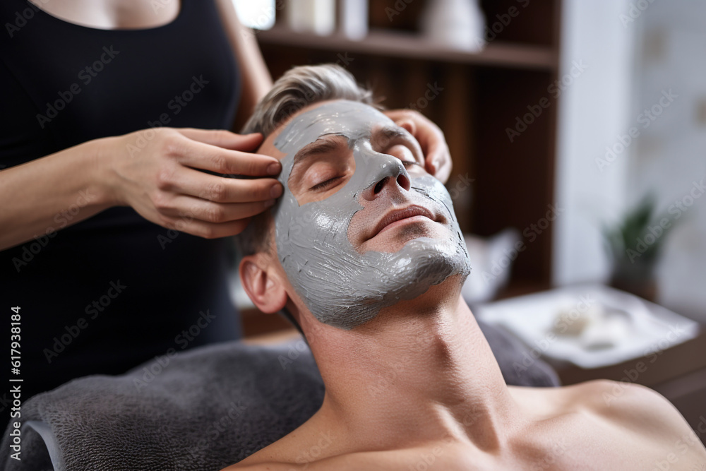 Portrait of a handsome man with a clay facial mask in spa. High quality photo Portrait of a handsome man with a clay facial mask in spa. High quality photo