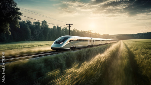 The high-speed train is driving at full speed in the countryside. AI-generated image