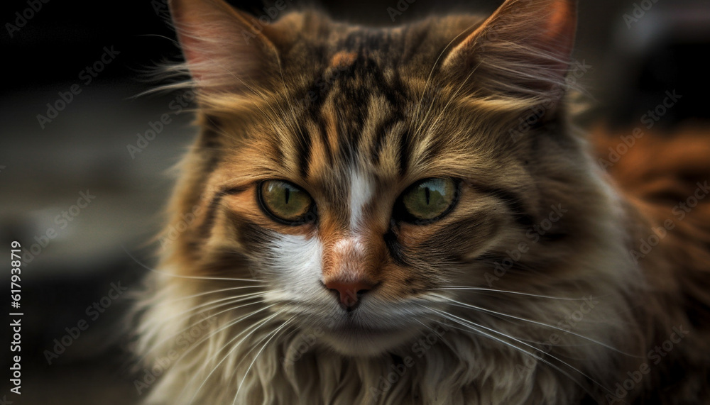 Fluffy striped kitten staring, close up portrait of cute feline generated by AI