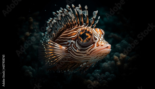 Colorful lionfish swims in tropical reef, a stunning underwater beauty generated by AI