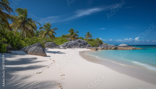 Idyllic tropical coastline palm trees, turquoise water, tranquil scene, beauty generated by AI