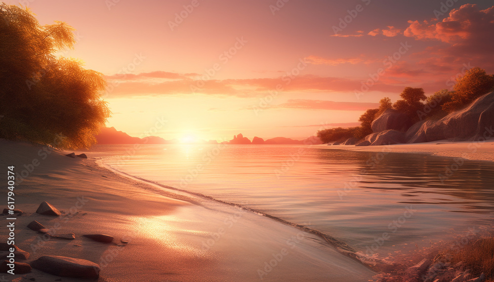 Tranquil sunset over waters edge, nature beauty in heaven horizon generated by AI