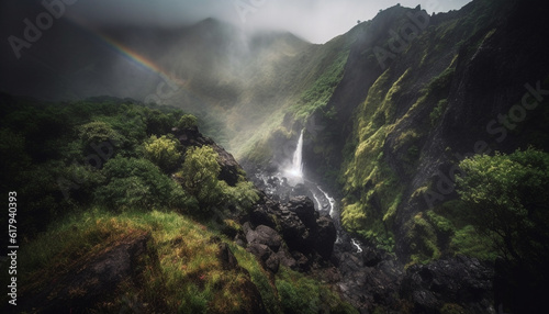 Tranquil scene of majestic mountain range  flowing water and green meadow generated by AI