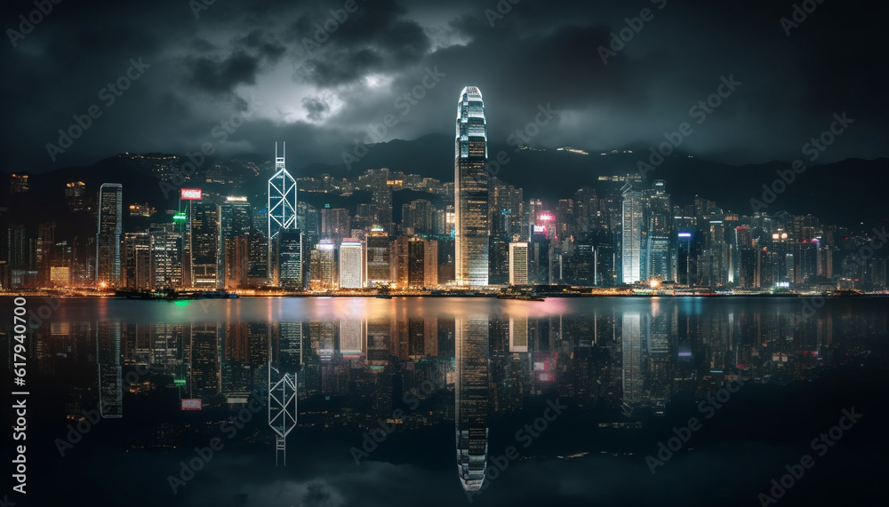 Modern skyline illuminates waterfront cityscape, reflecting growth and development generated by AI