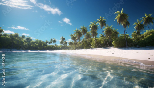 Idyllic tropical coastline with palm trees  turquoise waters  and relaxation generated by AI