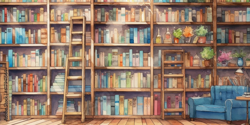 Classic bookshelf anime style watercolor background