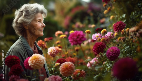 Smiling senior woman enjoys gardening in beautiful formal garden generated by AI © Jemastock